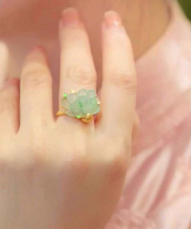 Chinese Style Gold Sterling Silver Overgild Jade Lotus Rings