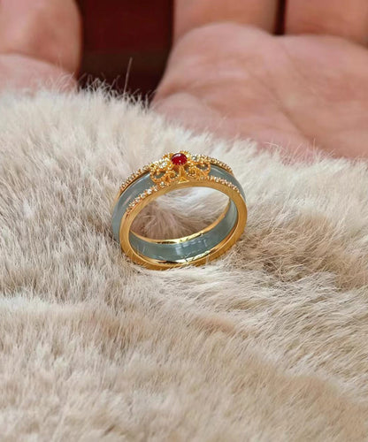Chinese Style Gold Zircon Alloy Imitation Jade Rings