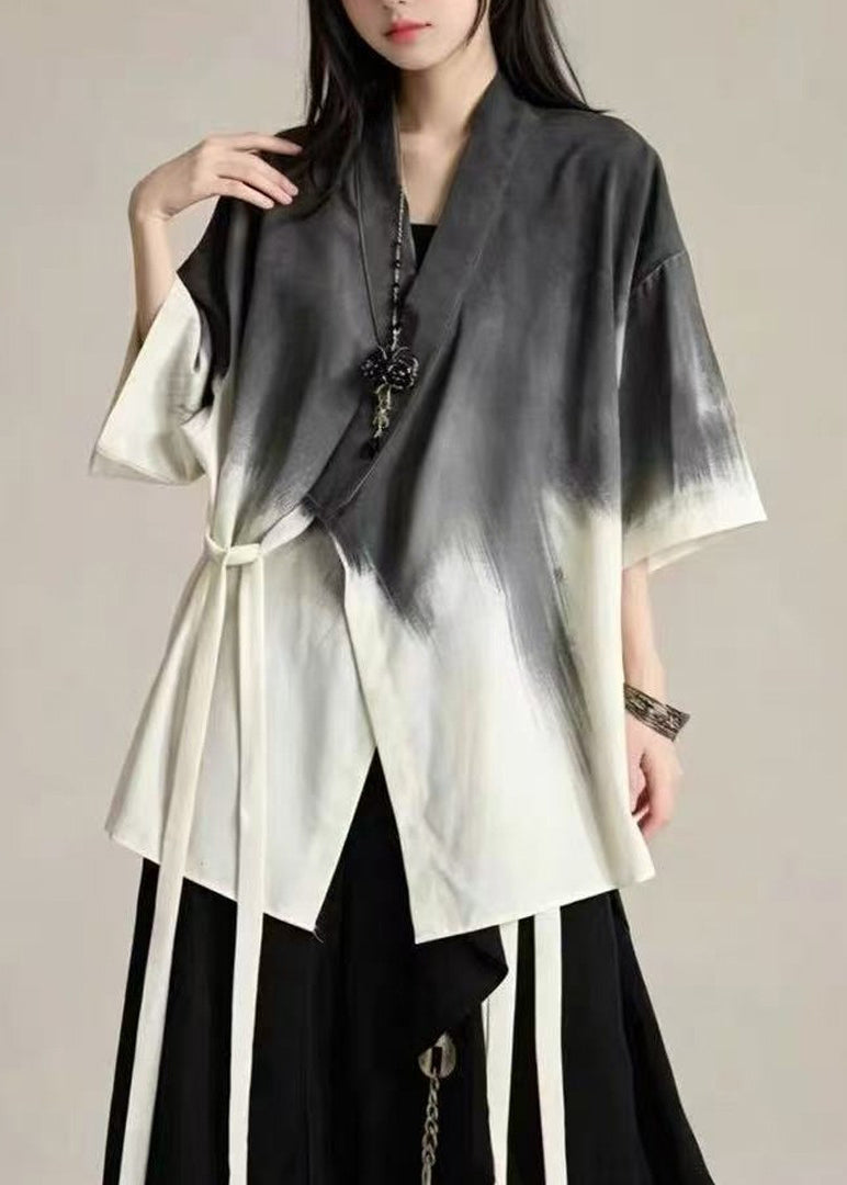 Chinese Style Gradient Color V Neck Lace Up Cotton Top Summer