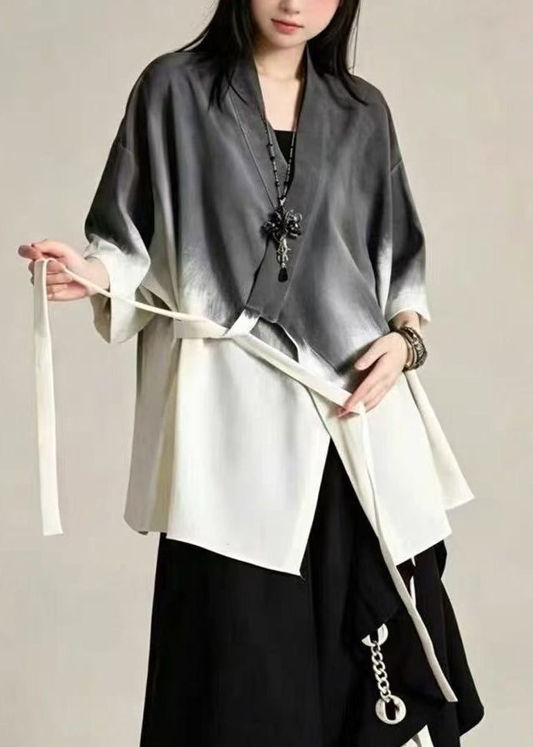 Chinese Style Gradient Color V Neck Lace Up Cotton Top Summer