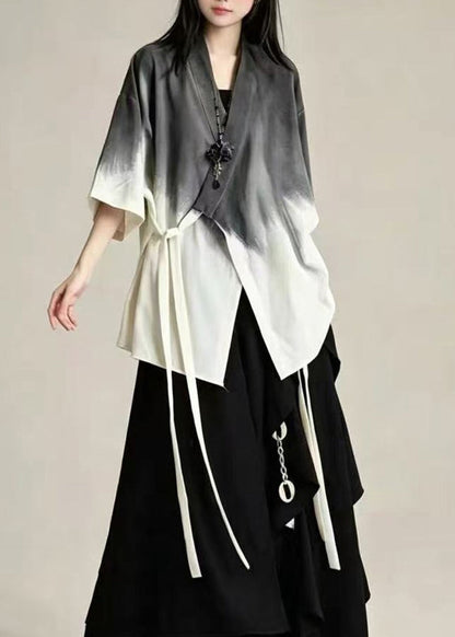 Chinese Style Gradient Color V Neck Lace Up Cotton Top Summer
