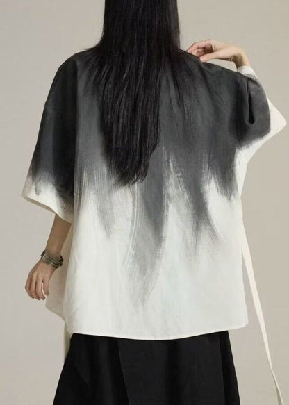 Chinese Style Gradient Color V Neck Lace Up Cotton Top Summer