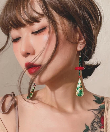 Chinese Style Green Copper Overgild Agate Resin Water Droplet Drop Earrings
