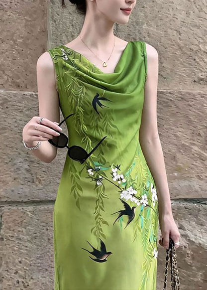 Chinese Style Green Cowl Neck Print Dresses Sleeveless