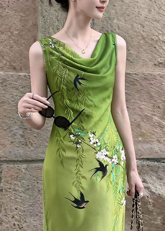 Chinese Style Green Cowl Neck Print Dresses Sleeveless