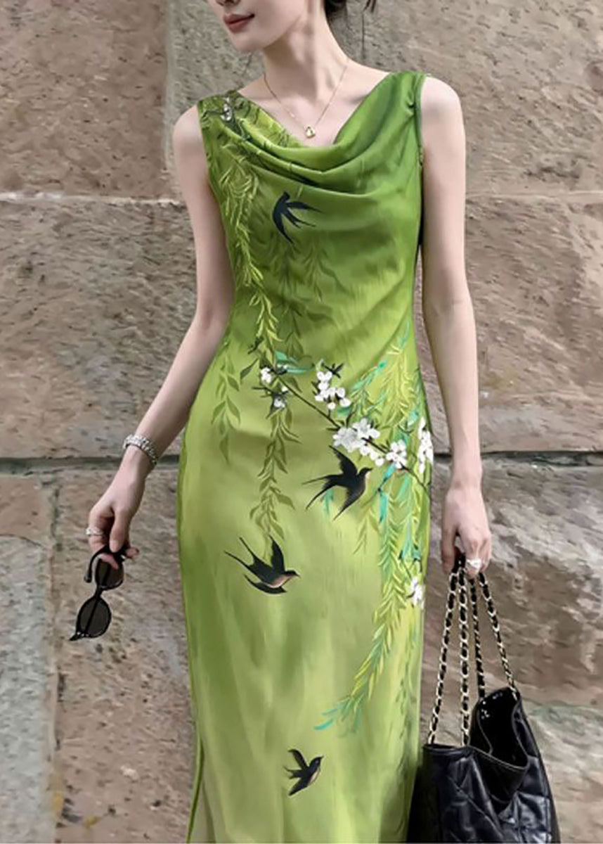 Chinese Style Green Cowl Neck Print Dresses Sleeveless