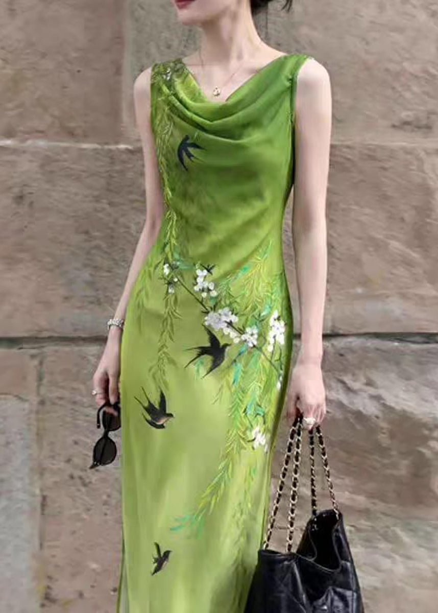 Chinese Style Green Cowl Neck Print Dresses Sleeveless