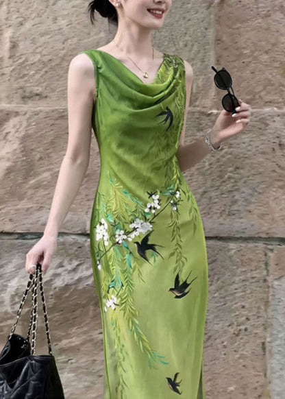 Chinese Style Green Cowl Neck Print Dresses Sleeveless