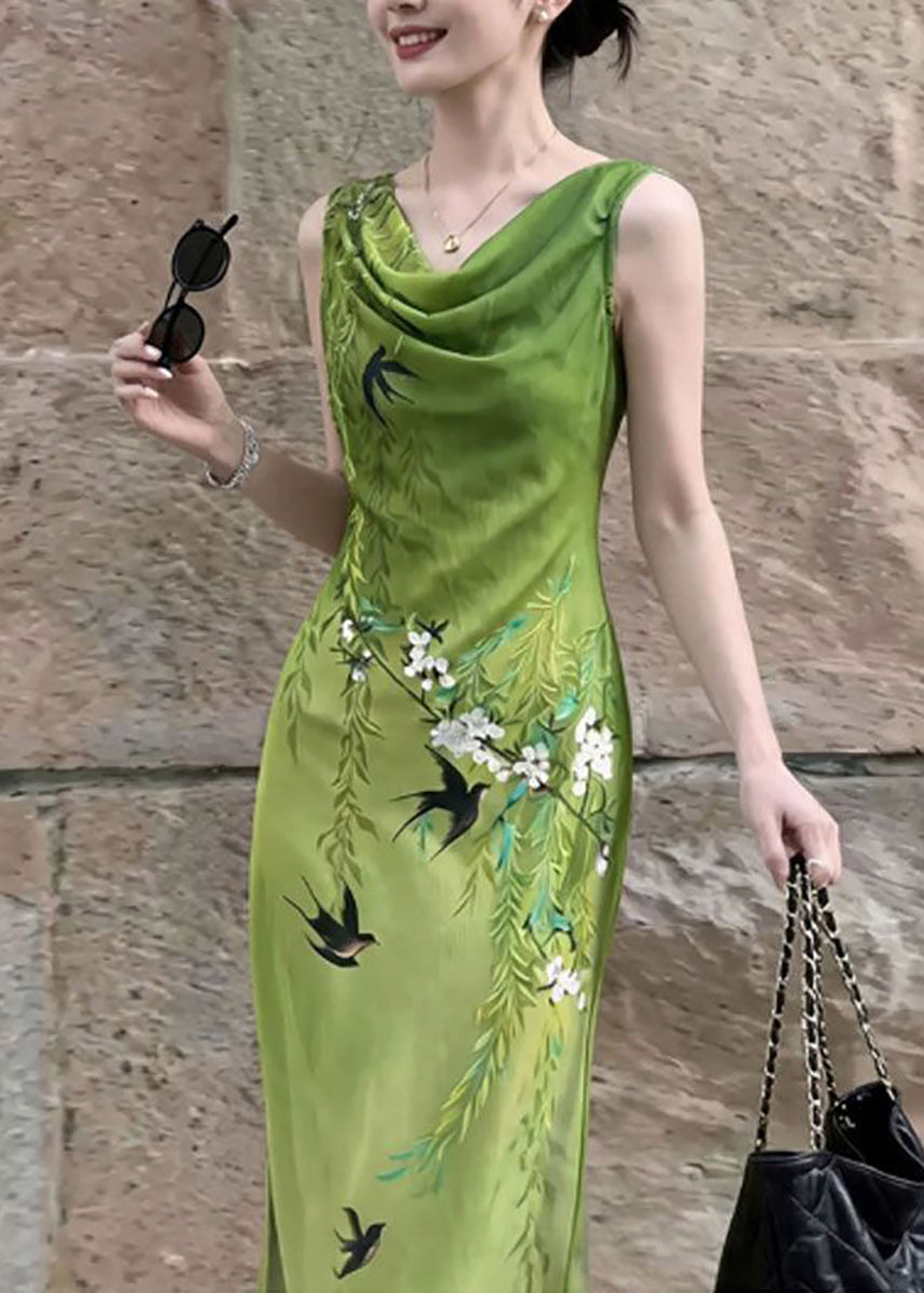 Chinese Style Green Cowl Neck Print Dresses Sleeveless