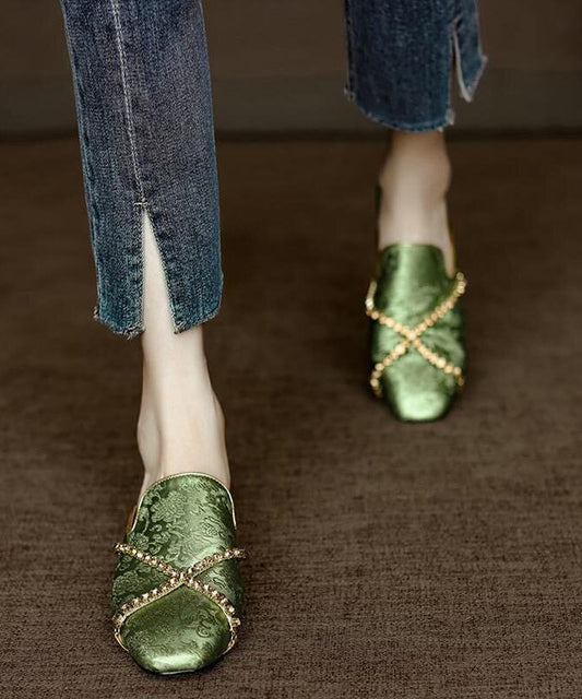Chinese Style Green Embossed Zircon Cowhide Leather Slide Sandals