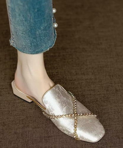 Chinese Style Green Embossed Zircon Cowhide Leather Slide Sandals