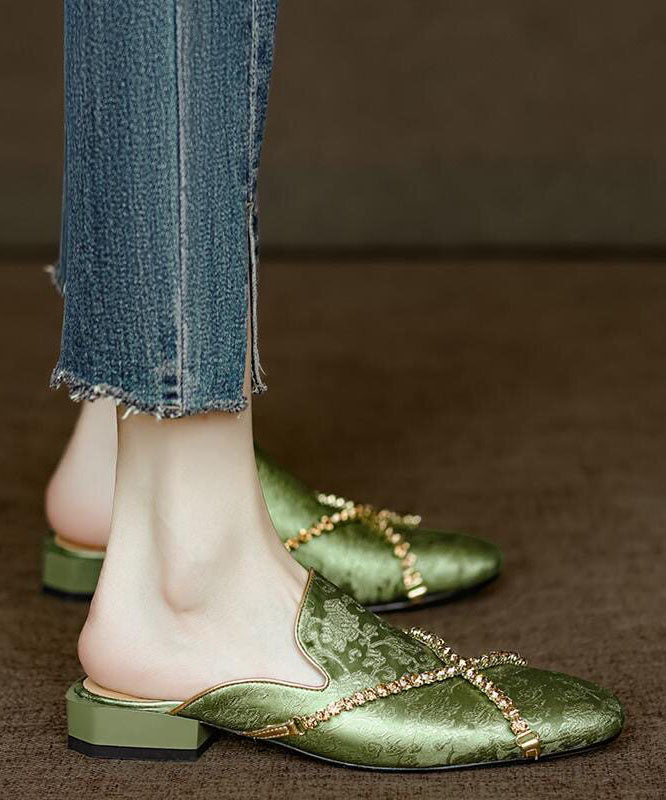 Chinese Style Green Embossed Zircon Cowhide Leather Slide Sandals