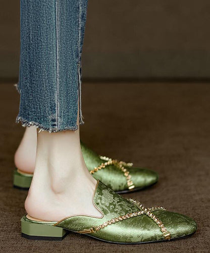 Chinese Style Green Embossed Zircon Cowhide Leather Slide Sandals