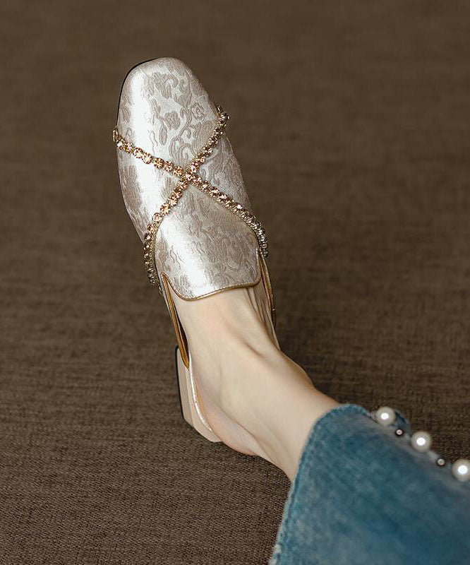 Chinese Style Green Embossed Zircon Cowhide Leather Slide Sandals