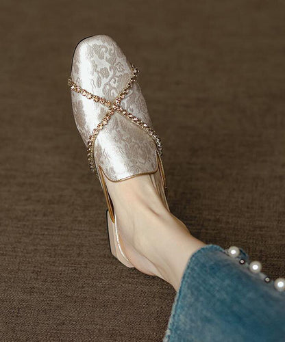 Chinese Style Green Embossed Zircon Cowhide Leather Slide Sandals
