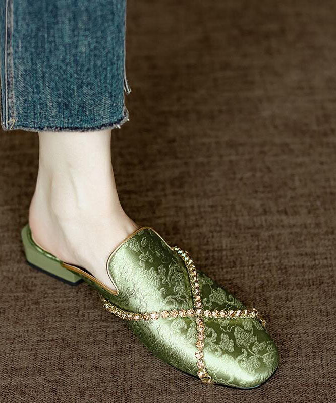 Chinese Style Green Embossed Zircon Cowhide Leather Slide Sandals