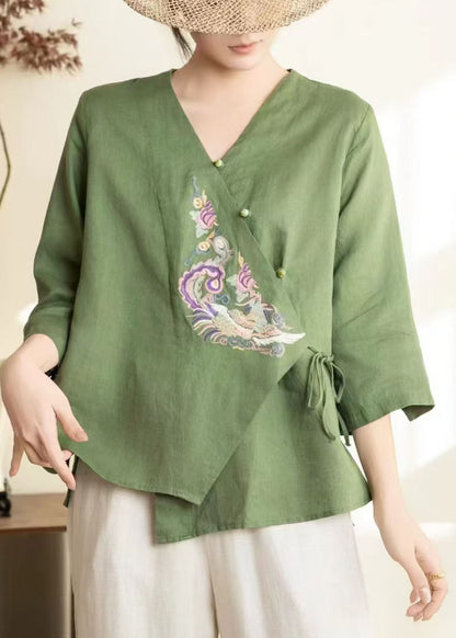 Chinese Style Green Embroidered Linen Shirt Top Spring
