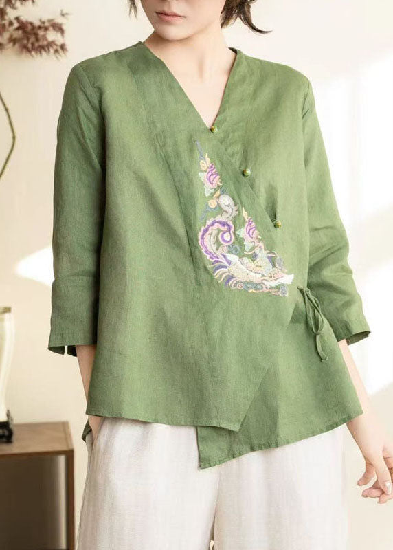 Chinese Style Green Embroidered Linen Shirt Top Spring