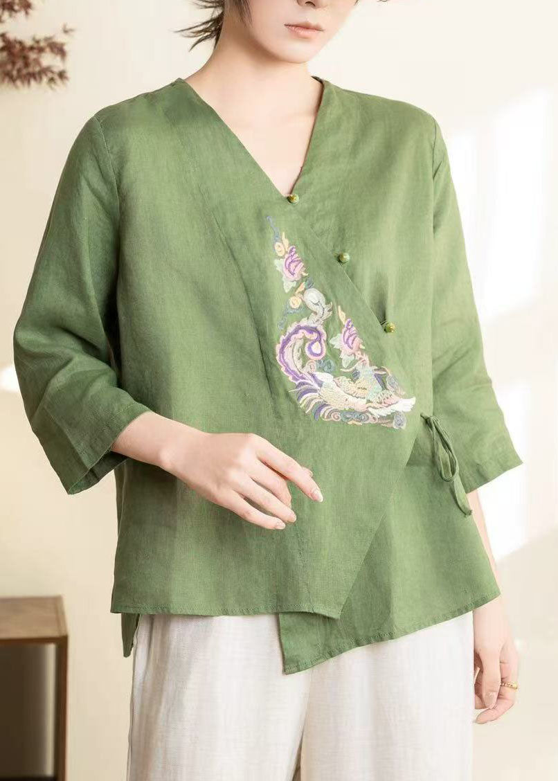 Chinese Style Green Embroidered Linen Shirt Top Spring