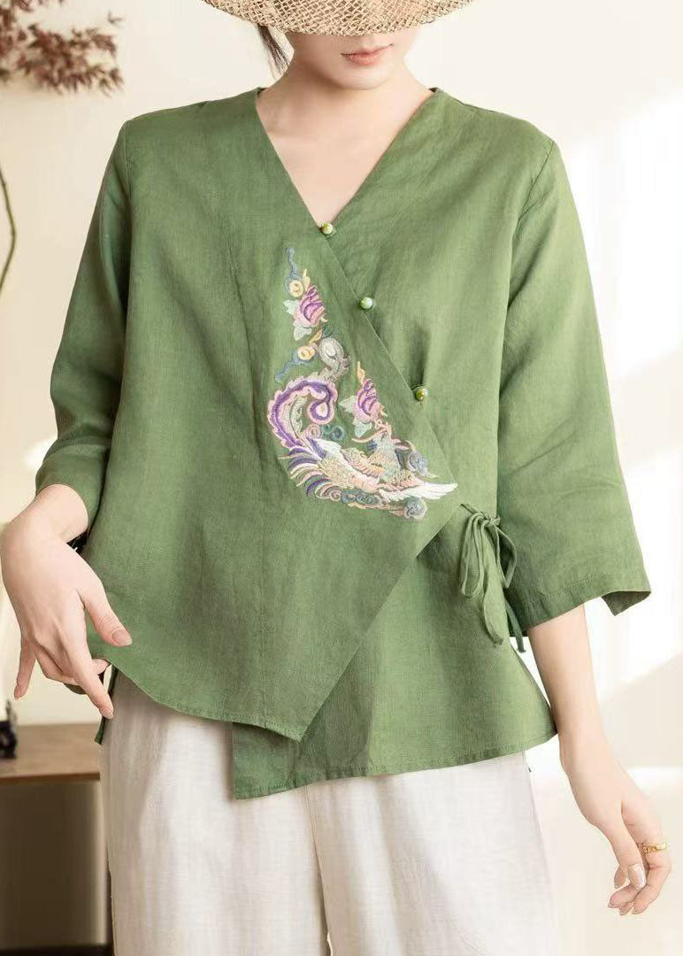 Chinese Style Green Embroidered Linen Shirt Top Spring
