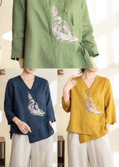 Chinese Style Green Embroidered Linen Shirt Top Spring