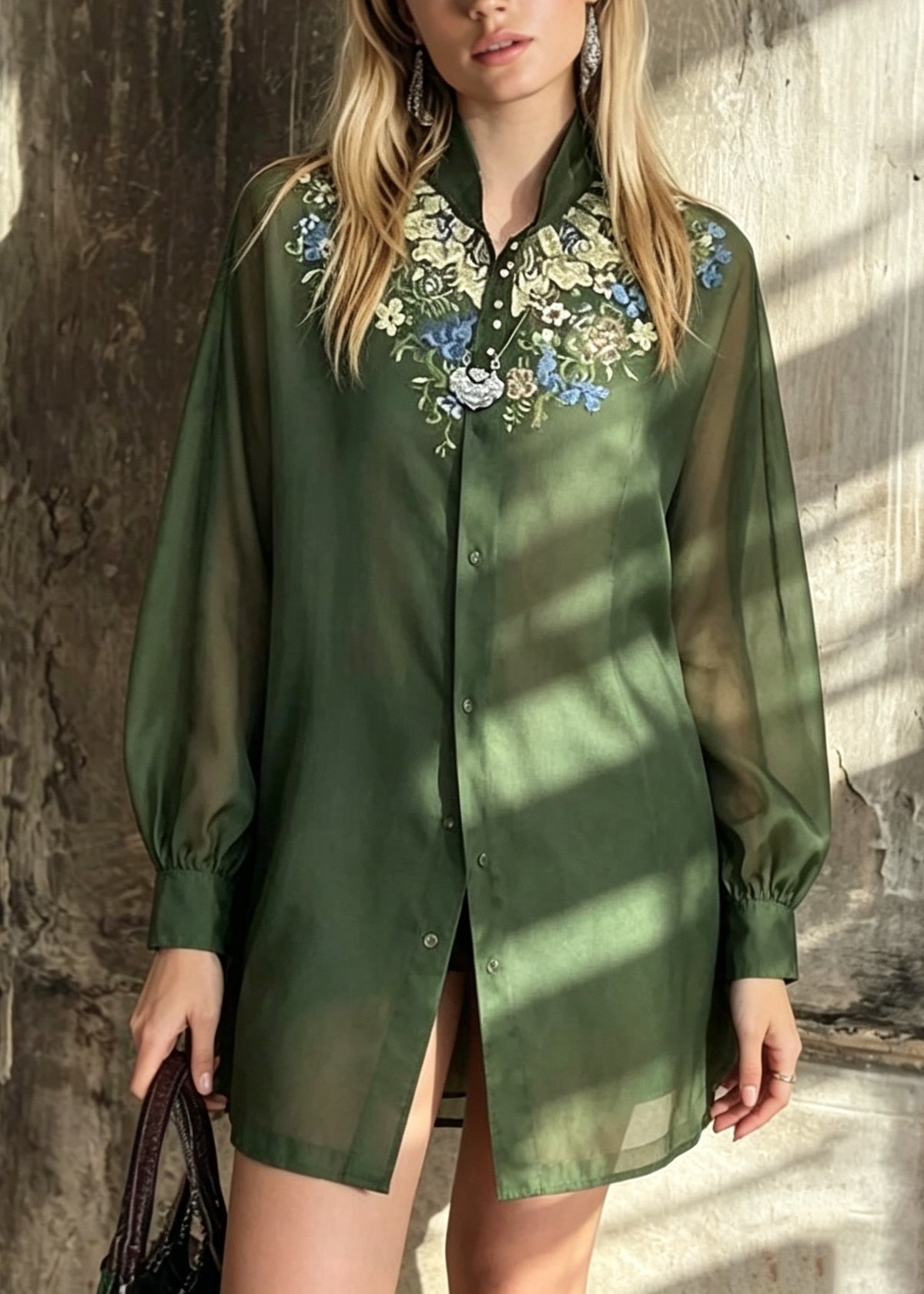 Chinese Style Green Embroidered Patchwork Cotton Tops Fall