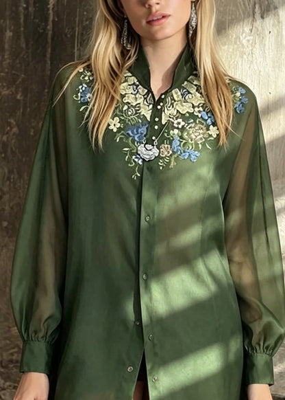 Chinese Style Green Embroidered Patchwork Cotton Tops Fall