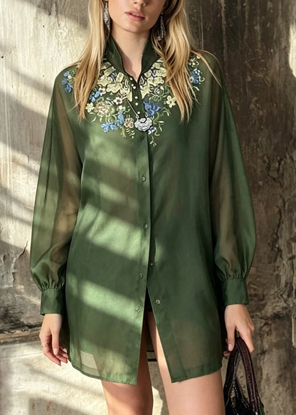 Chinese Style Green Embroidered Patchwork Cotton Tops Fall