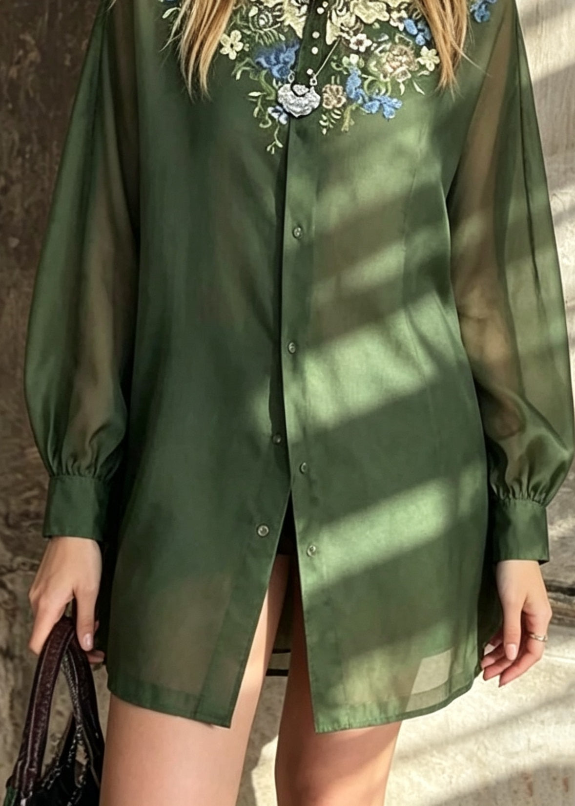 Chinese Style Green Embroidered Patchwork Cotton Tops Fall