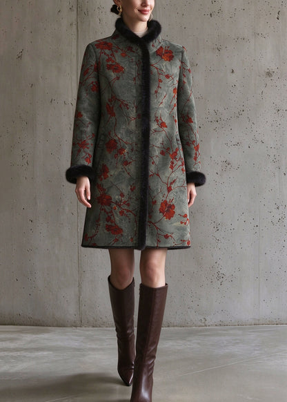 Chinese Style Green Fur Collar Patchwork Pockets Mink Velvet Coat Long Sleeve