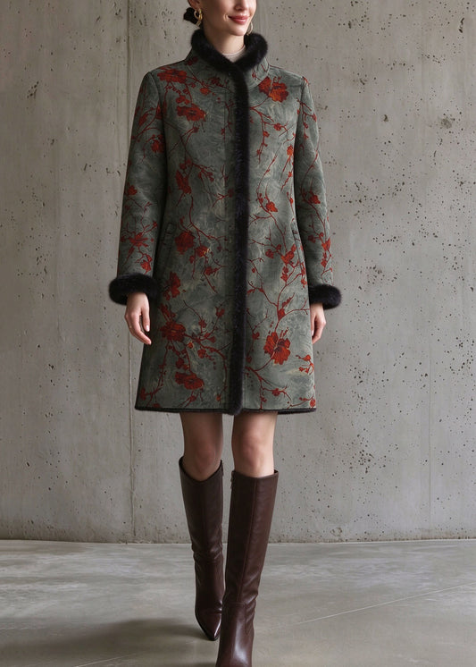 Chinese Style Green Fur Collar Patchwork Pockets Mink Velvet Coat Long Sleeve