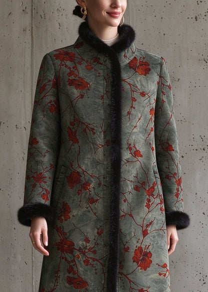 Chinese Style Green Fur Collar Patchwork Pockets Mink Velvet Coat Long Sleeve