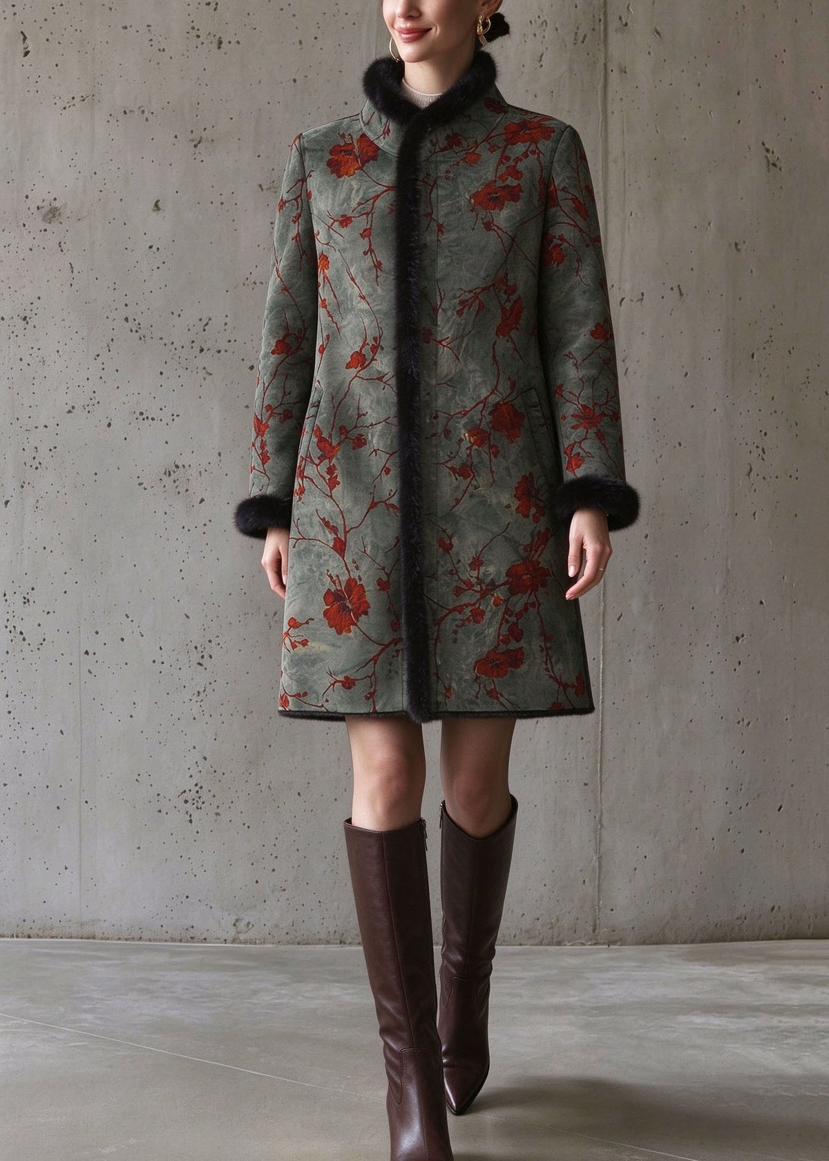 Chinese Style Green Fur Collar Patchwork Pockets Mink Velvet Coat Long Sleeve