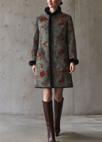 Chinese Style Green Fur Collar Patchwork Pockets Mink Velvet Coat Long Sleeve