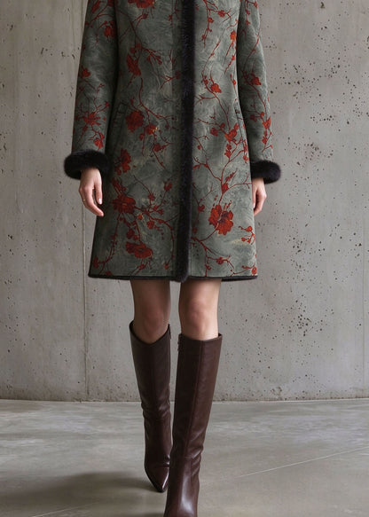Chinese Style Green Fur Collar Patchwork Pockets Mink Velvet Coat Long Sleeve