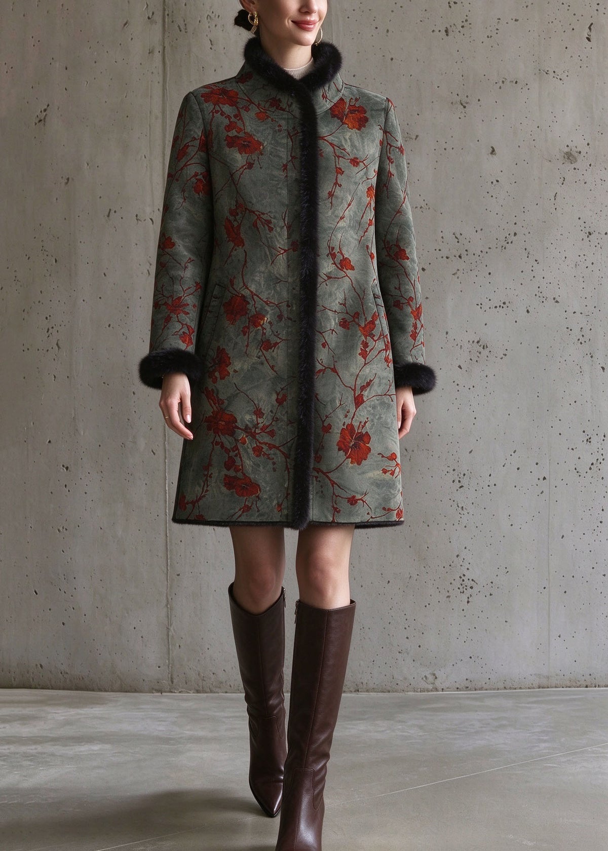 Chinese Style Green Fur Collar Patchwork Pockets Mink Velvet Coat Long Sleeve