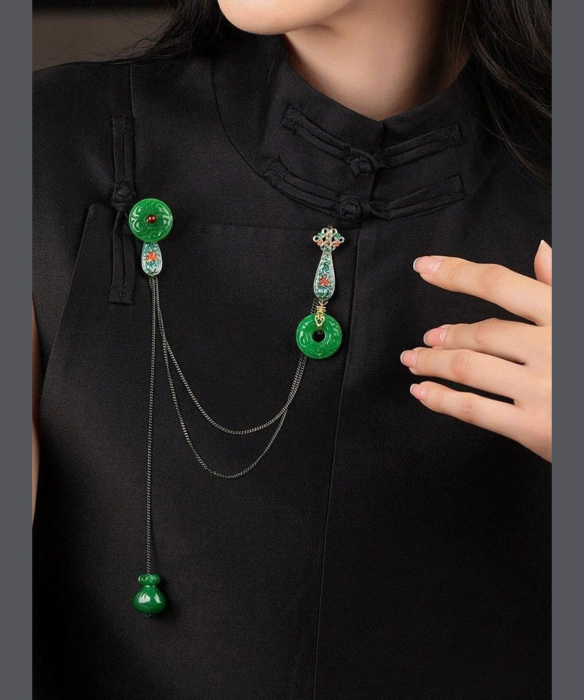 Chinese Style Green Jade Cloisonne Pomegranate Garnet Tassel Brooches