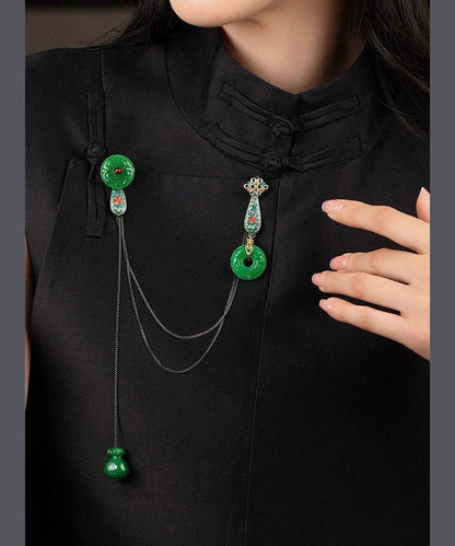 Chinese Style Green Jade Cloisonne Pomegranate Garnet Tassel Brooches
