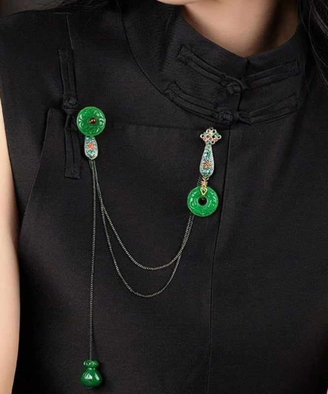 Chinese Style Green Jade Cloisonne Pomegranate Garnet Tassel Brooches