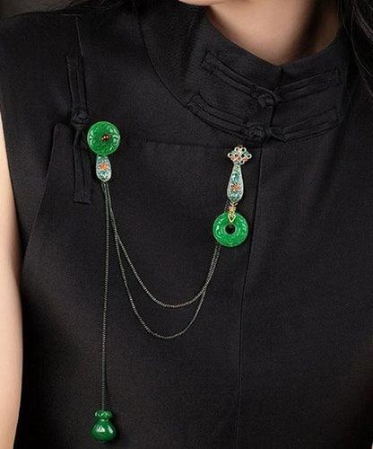 Chinese Style Green Jade Cloisonne Pomegranate Garnet Tassel Brooches