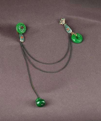 Chinese Style Green Jade Cloisonne Pomegranate Garnet Tassel Brooches