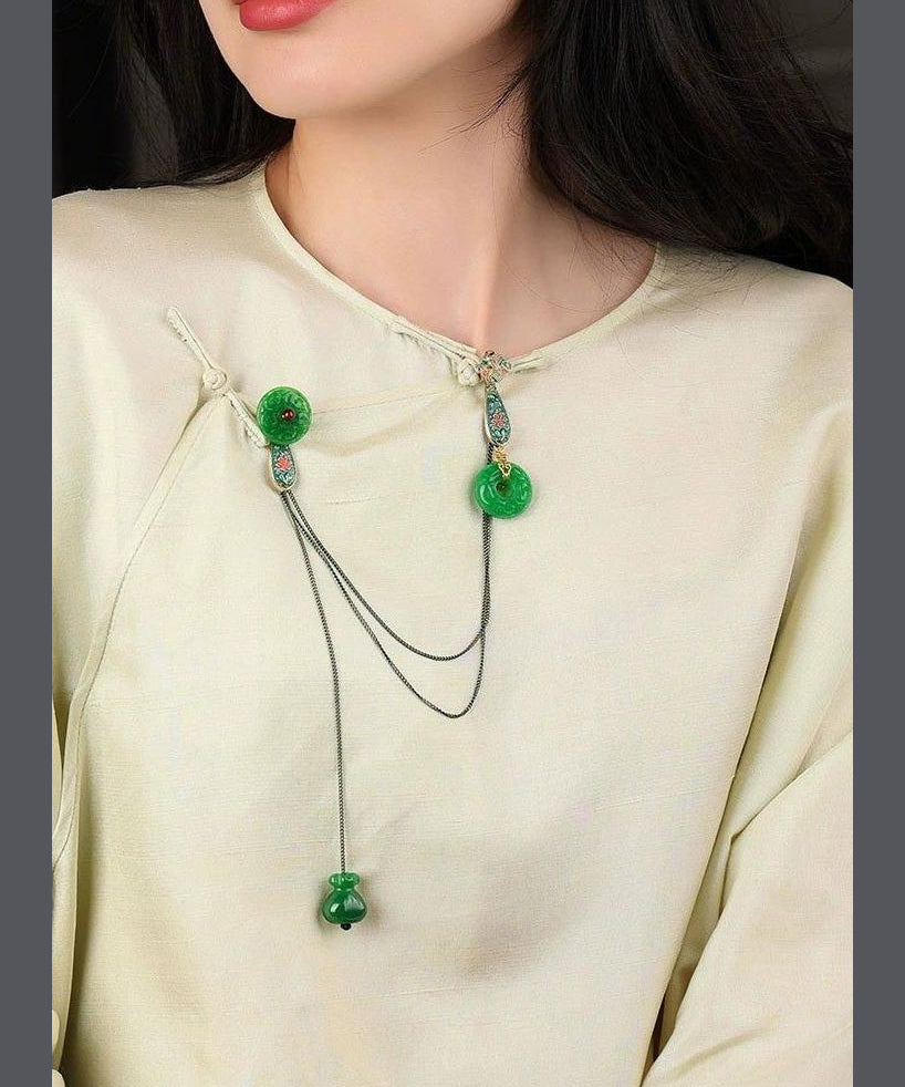 Chinese Style Green Jade Cloisonne Pomegranate Garnet Tassel Brooches