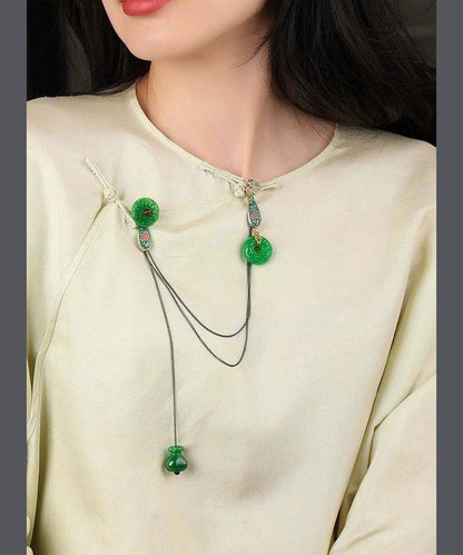 Chinese Style Green Jade Cloisonne Pomegranate Garnet Tassel Brooches