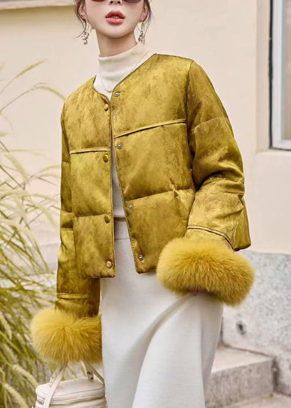 Chinese Style Green O Neck Fur Patchwork Duck Down Coats Winter