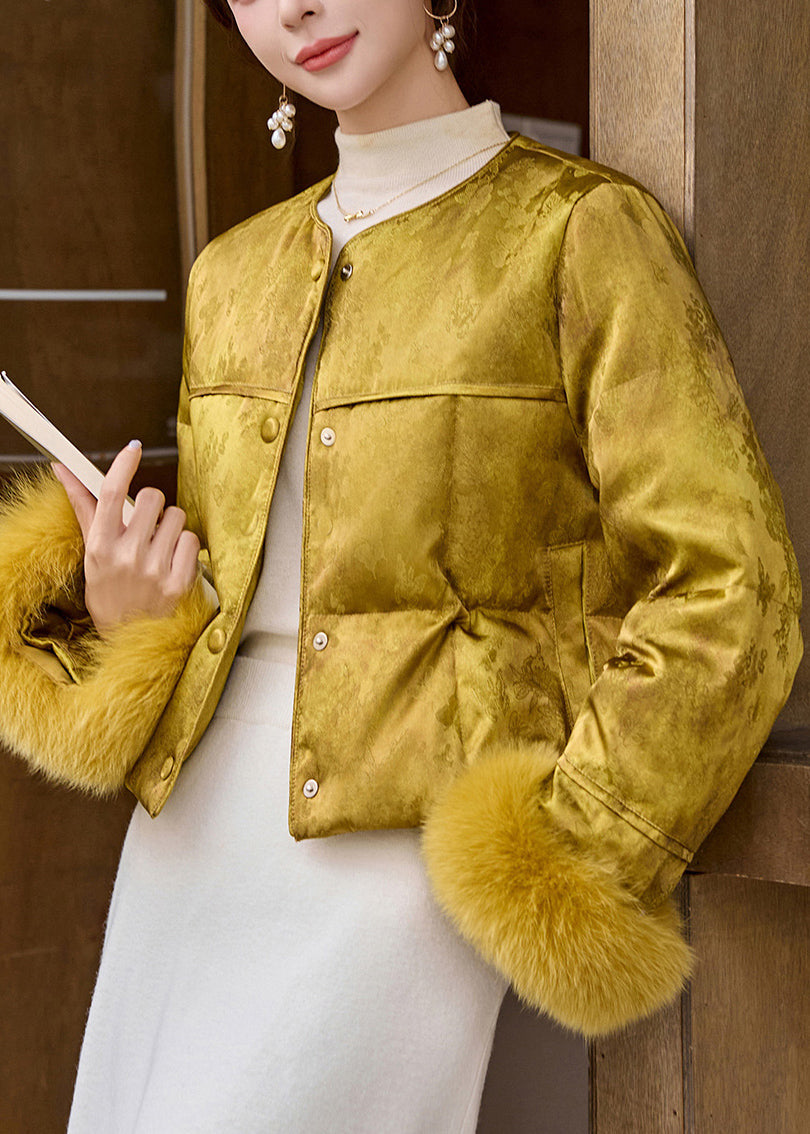 Chinese Style Green O Neck Fur Patchwork Duck Down Coats Winter