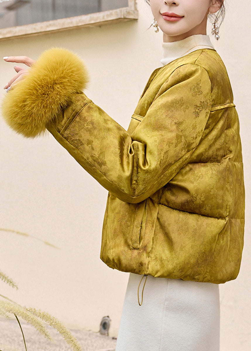 Chinese Style Green O Neck Fur Patchwork Duck Down Coats Winter