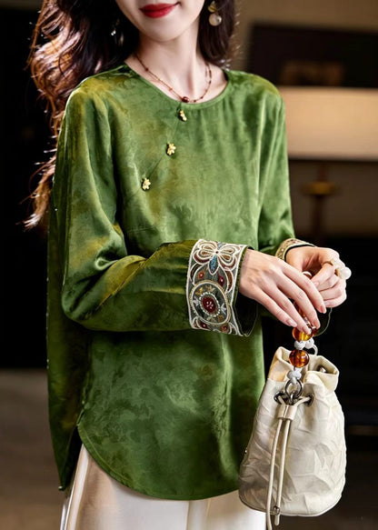 Chinese Style Green O-Neck Nail Bead Jacquard Blouse Tops Fall