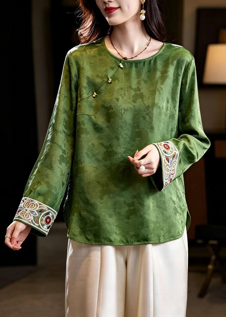 Chinese Style Green O-Neck Nail Bead Jacquard Blouse Tops Fall