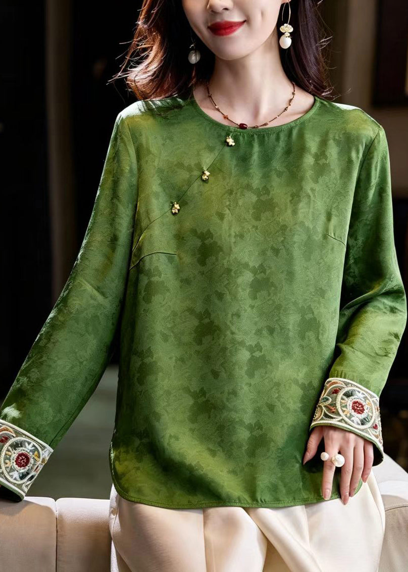 Chinese Style Green O-Neck Nail Bead Jacquard Blouse Tops Fall