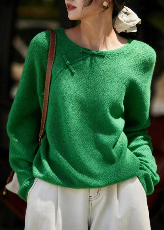 Chinese Style Green O-Neck Patchwork Cozy Solid Cotton Knit Sweater Spring